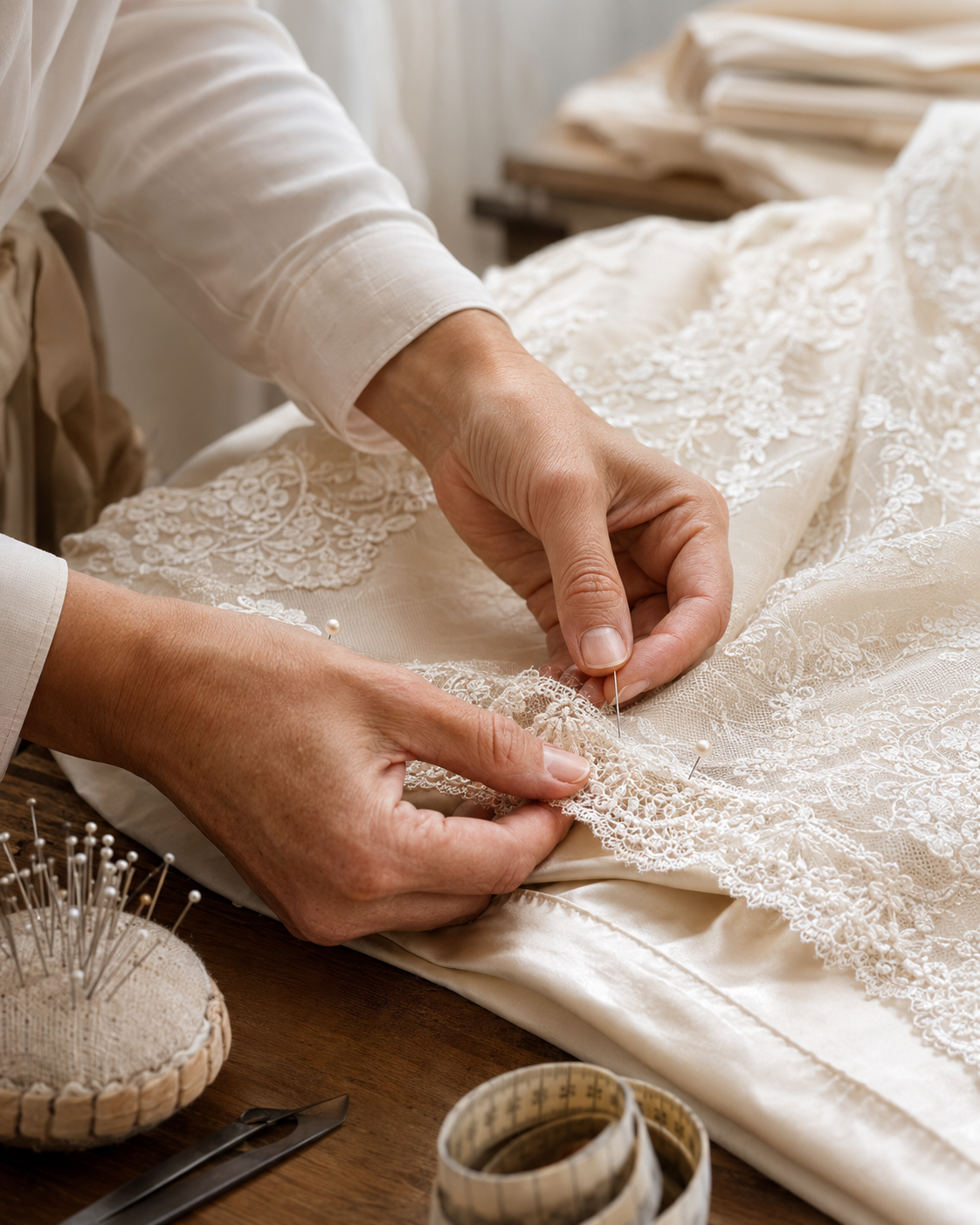 Detailed bridal lace being carefully adjusted by hand