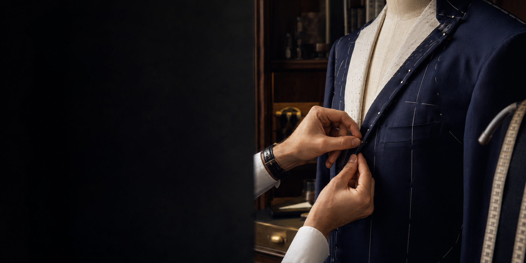A tailor carefully fitting a navy suit jacket