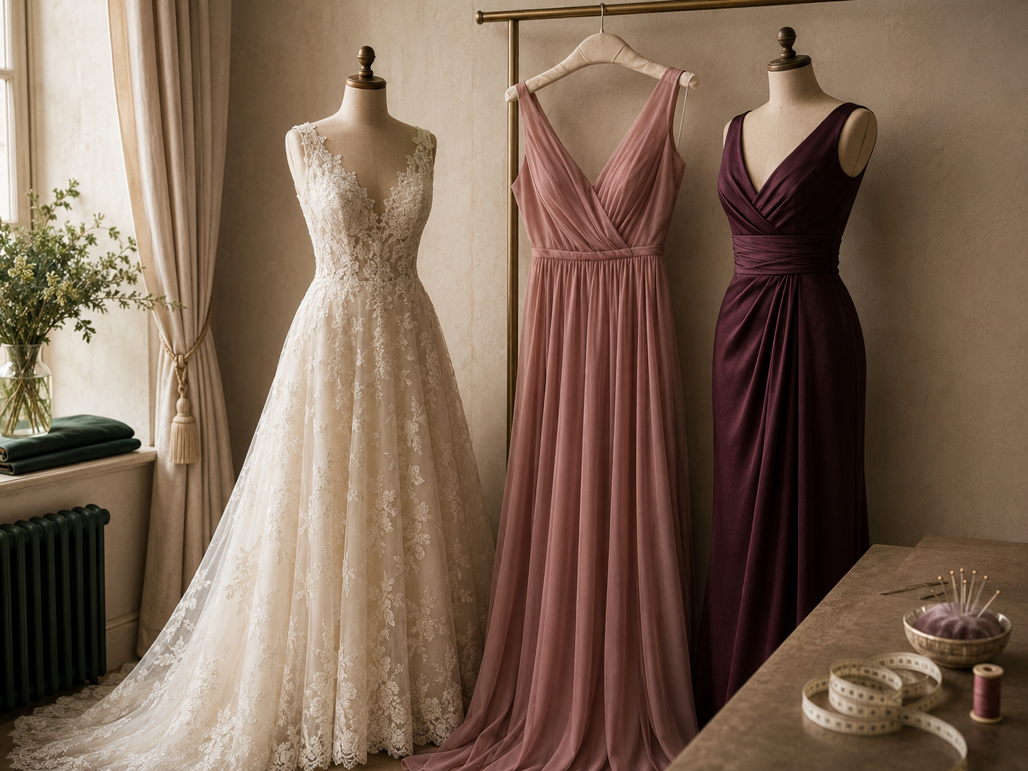Wedding, bridesmaid and prom dresses in a tailoring atelier