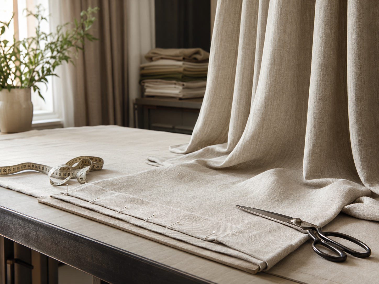 Linen curtain fabric being measured and hemmed