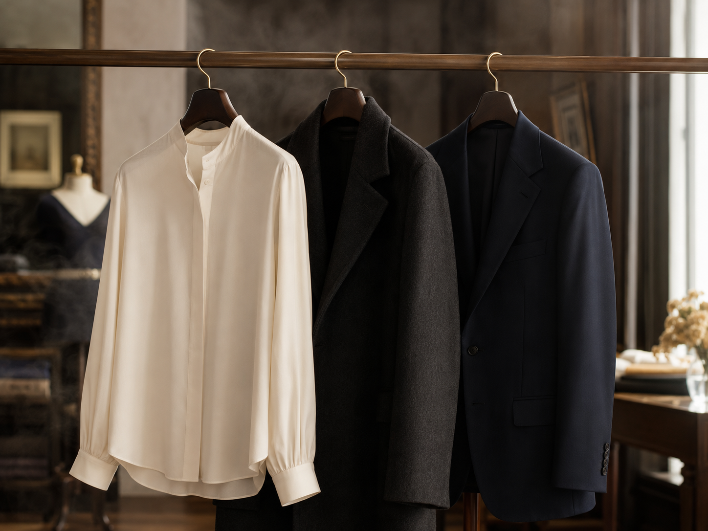 Freshly cleaned formal garments hanging in a tailoring studio