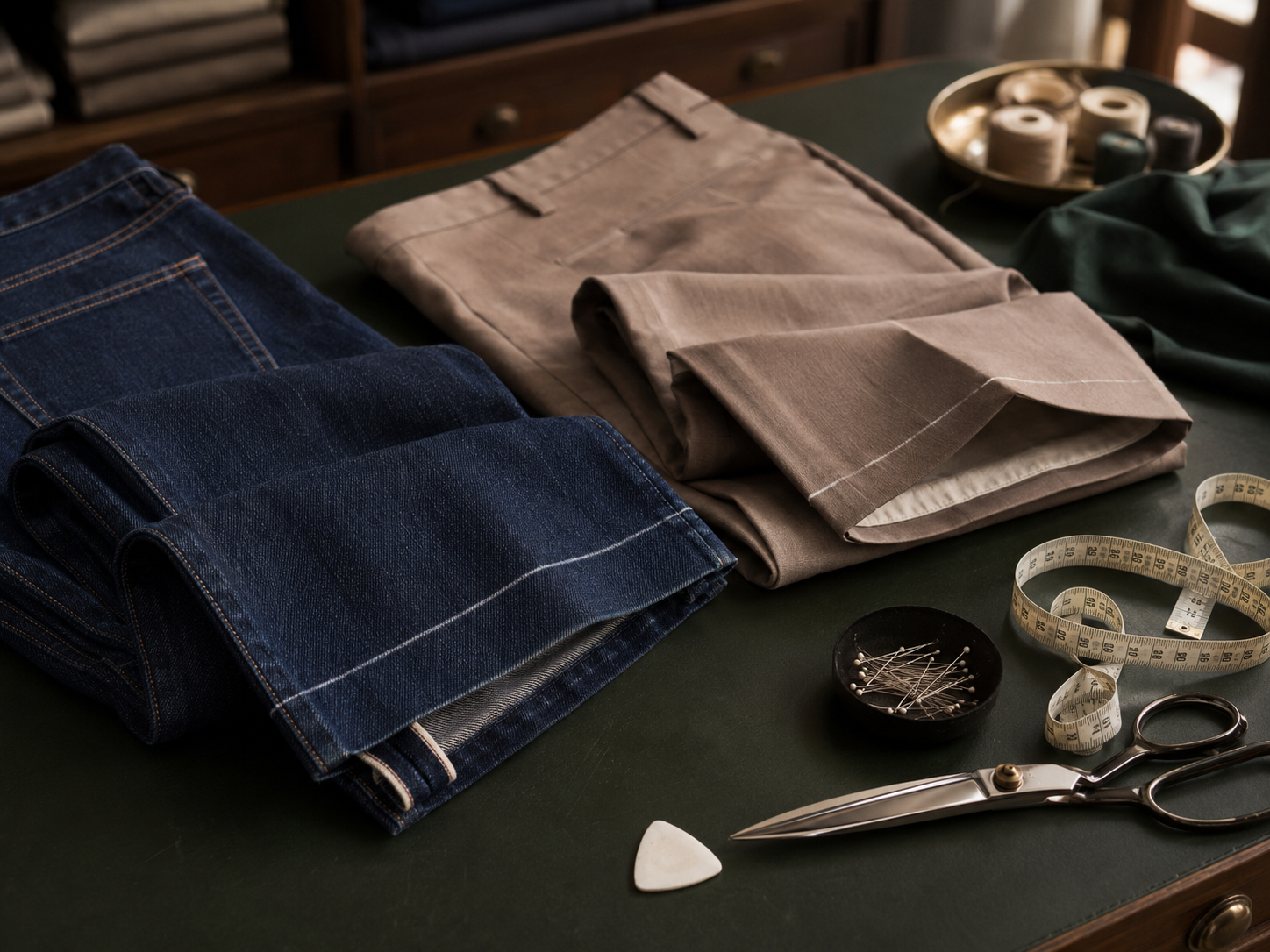 Denim and trousers prepared for professional alterations