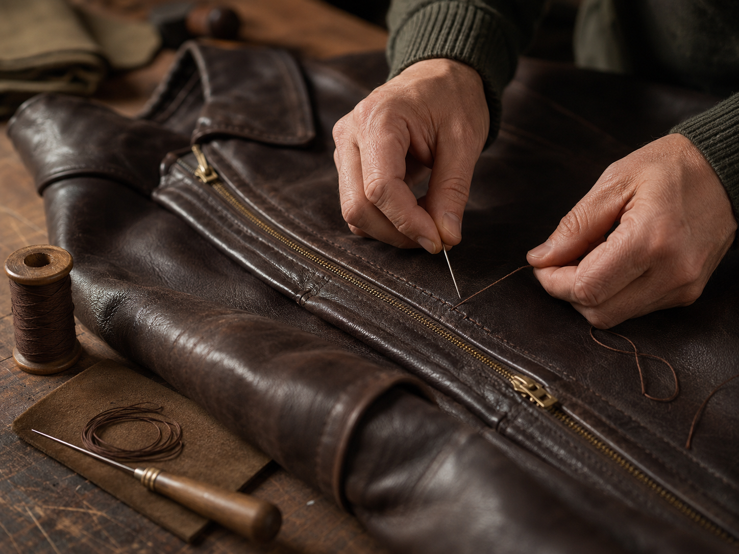 A leather jacket and brass zip being repaired by hand