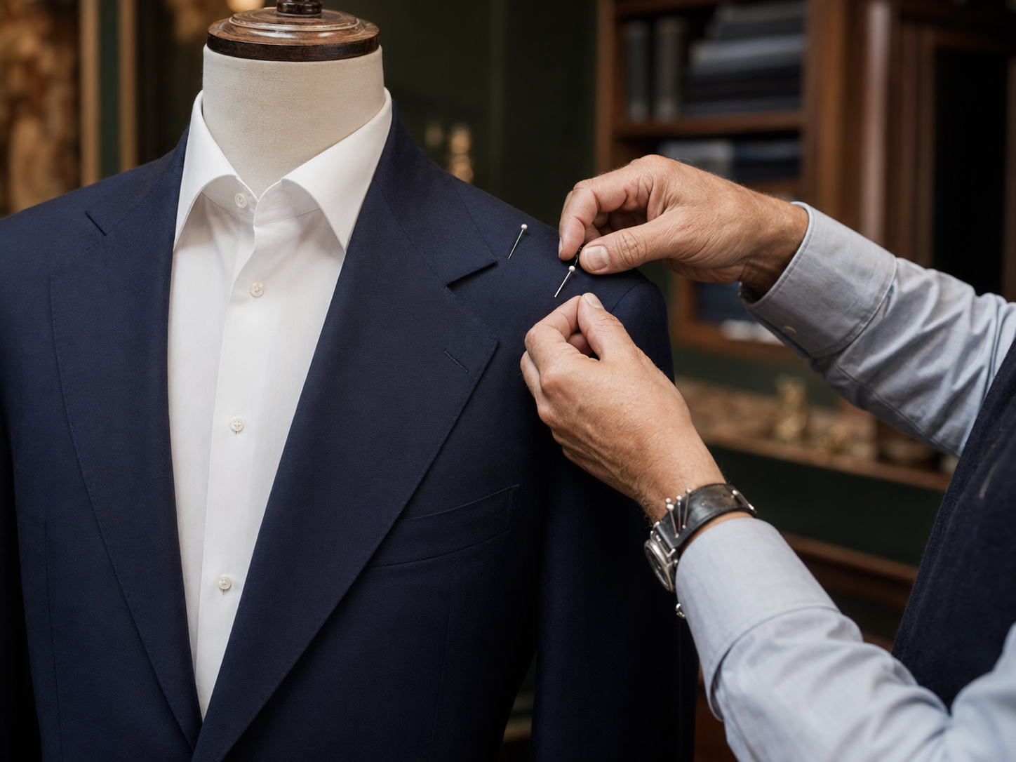 A navy suit jacket being carefully adjusted by a tailor